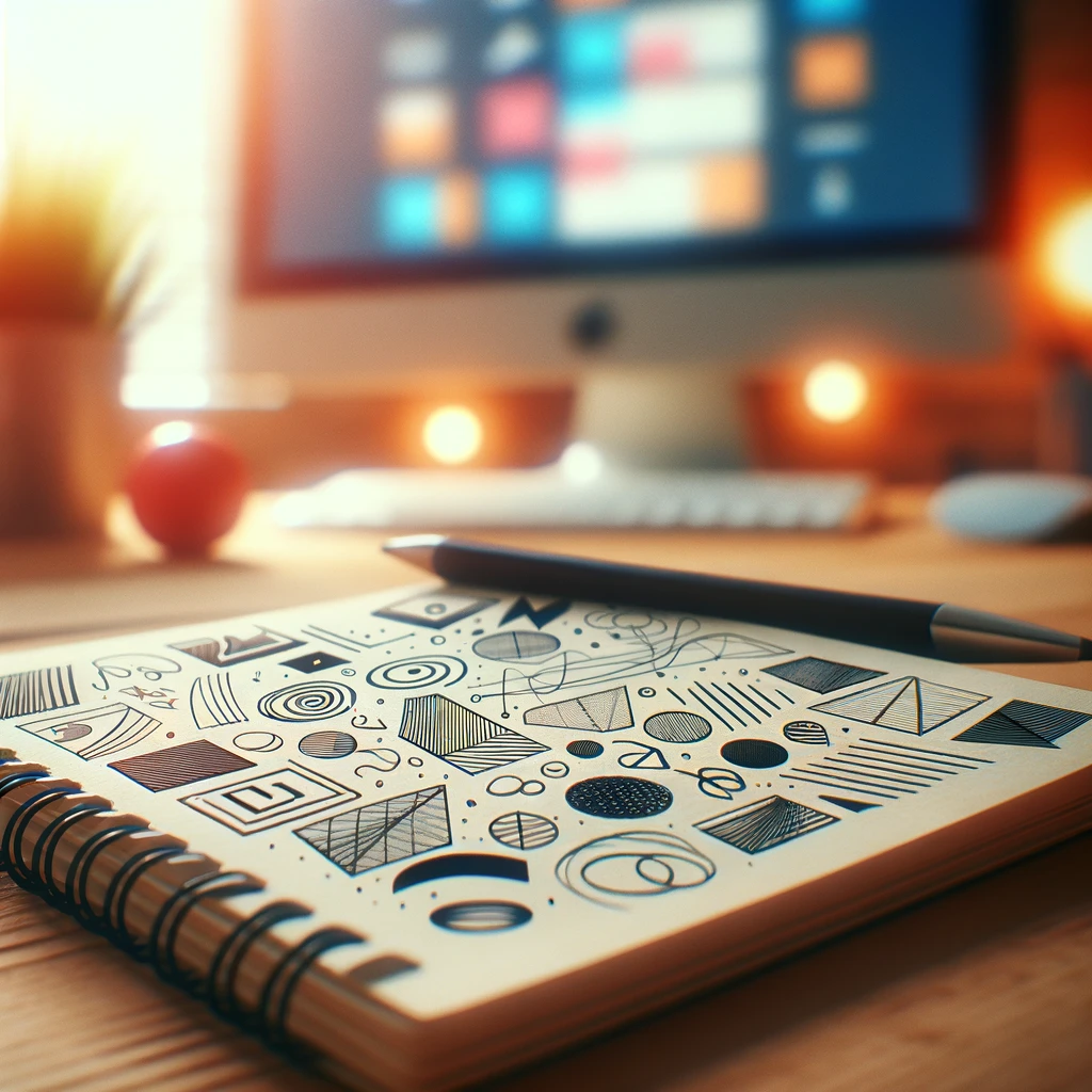 Focused notebook with a blurred iMac background